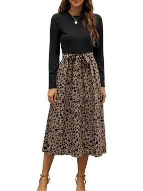 Zattcas Women's Black Taupe Round Neck Ribbed Long Sleeve Pull on Midi Dresses